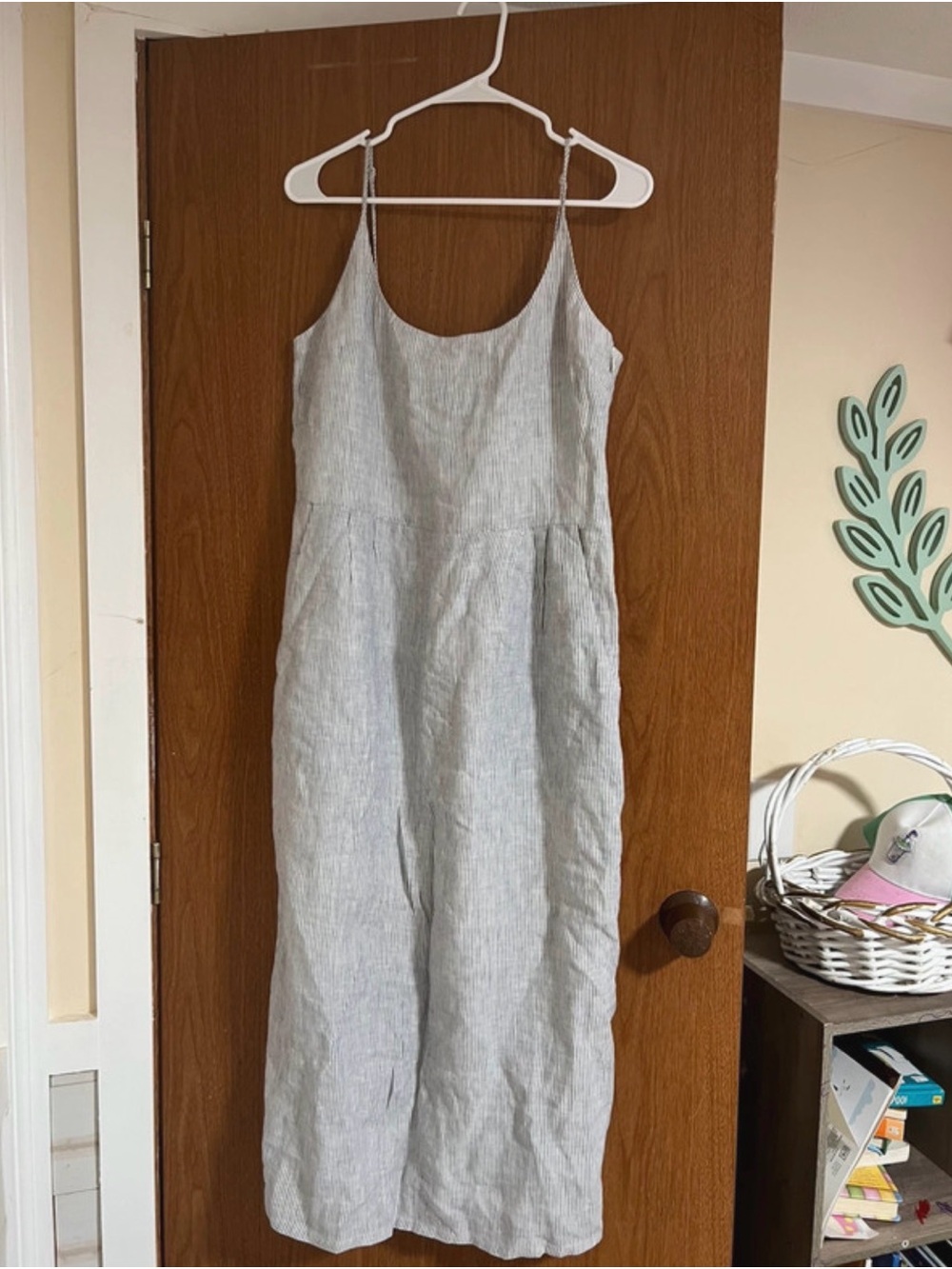Quince Light Blue Striped Linen Midi Dress